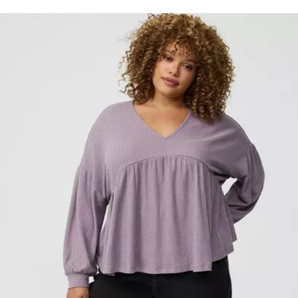 Torrid Shirred Long Sleeve Purple V-Neck Top